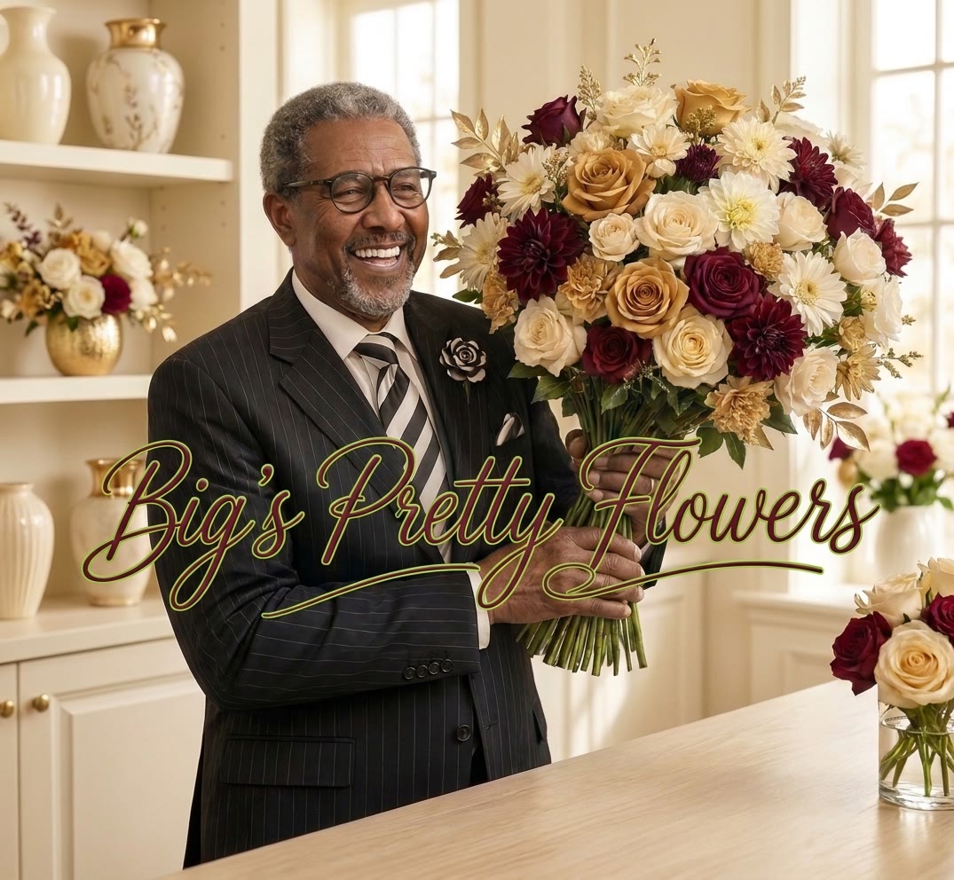 Big of Big's Pretty Flowers holding a grand bouquet of roses